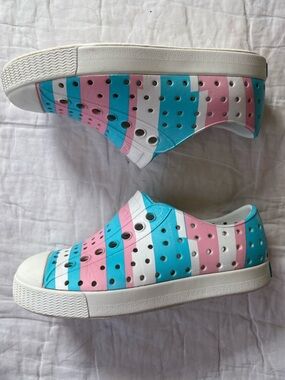 Native Striped Slip-On Sneakers in Pink, Blue & White